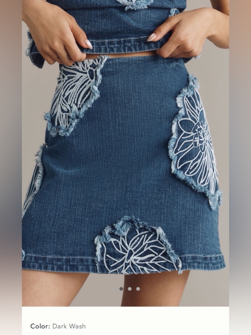 NWT new small Anthropologie Maeve Blue Denim Mini Skirt embroidered beachy coral